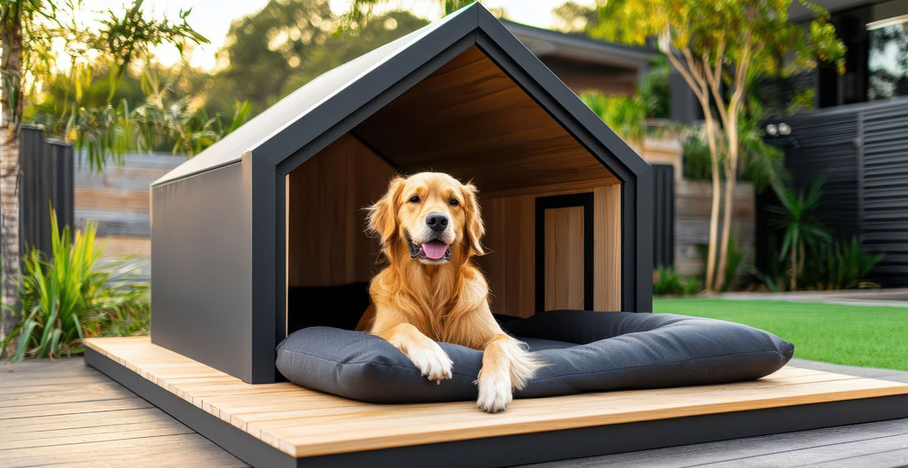 Vue intérieure d'une niche en bois XXL pour chien avec tapis isolant épais au sol et coussin confortable au fond
