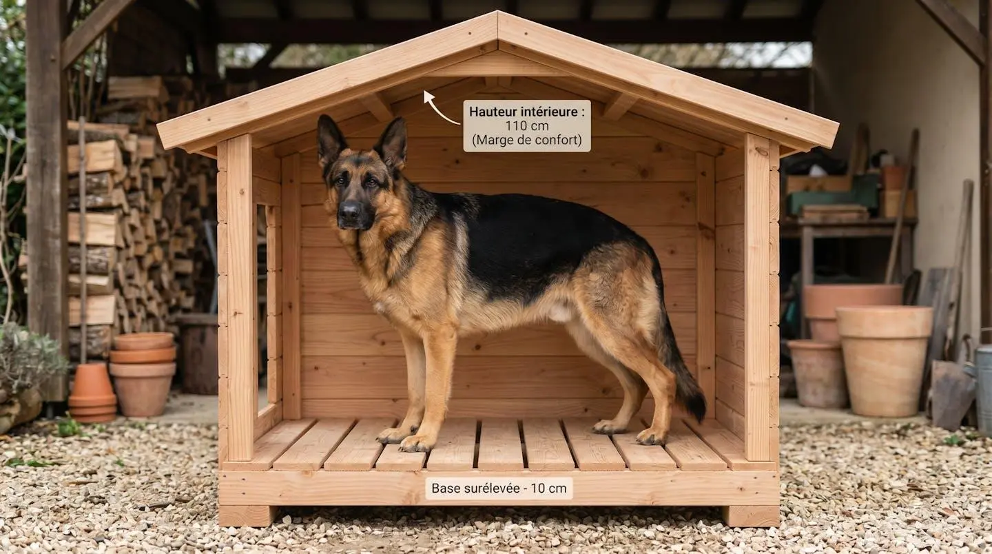 Berger allemand debout à l'intérieur d'une niche en bois XXL vue en coupe latérale montrant la marge de hauteur confortable au-dessus de la tête du chien