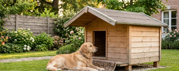 Berger allemand adulte allongé devant une grande niche en bois surélevée installée dans un jardin résidentiel français avec pelouse et clôture en arrière-plan