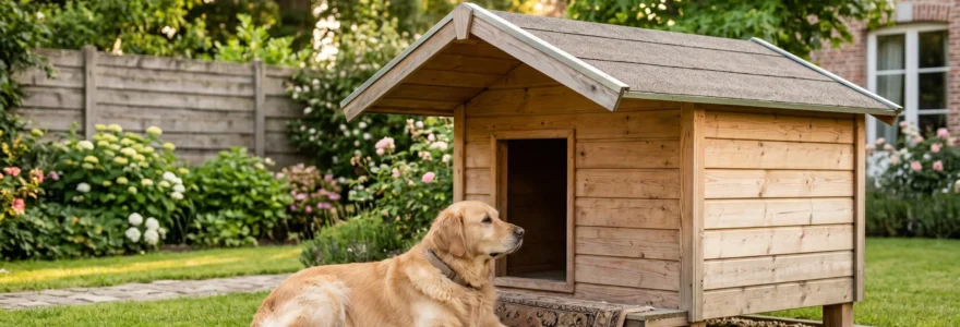 Berger allemand adulte allongé devant une grande niche en bois surélevée installée dans un jardin résidentiel français avec pelouse et clôture en arrière-plan