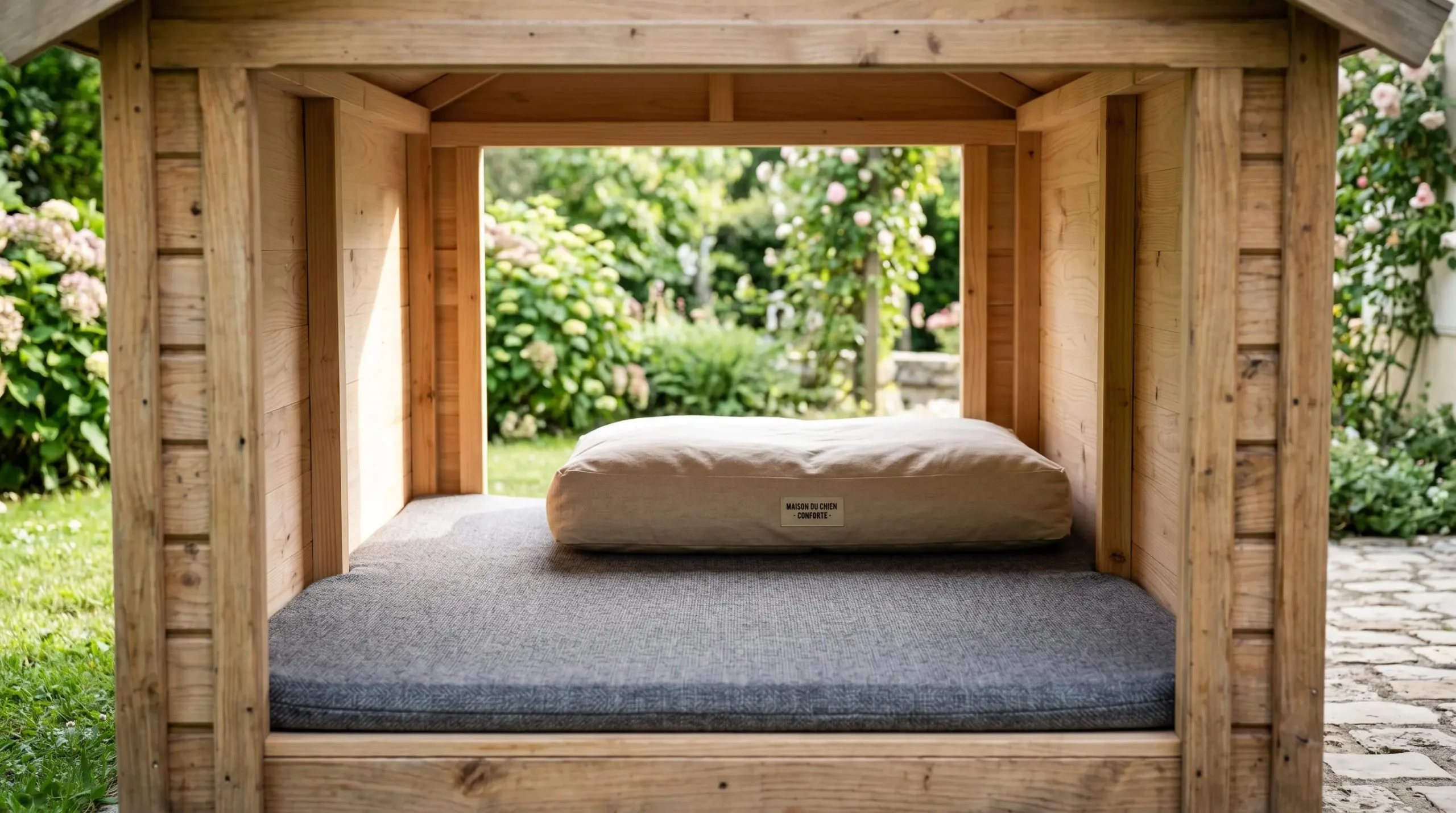 Vue intérieure d'une niche en bois XXL pour chien avec tapis isolant épais au sol et coussin confortable au fond