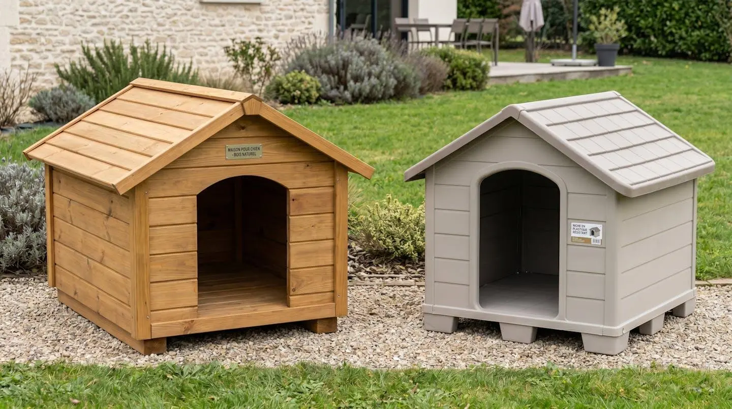 Deux niches XXL pour chiens placées côte à côte en extérieur, l'une en bois naturel traité avec grain visible, l'autre en plastique rigide gris lisse